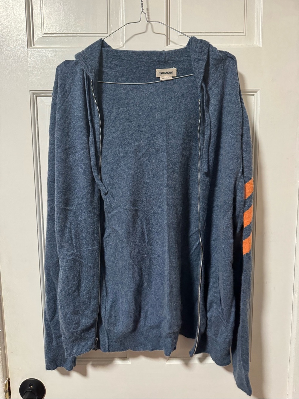 Zadig & Voltaire Men’s Navy Zip-Up Hoodie with Orange Sleeve Stripes